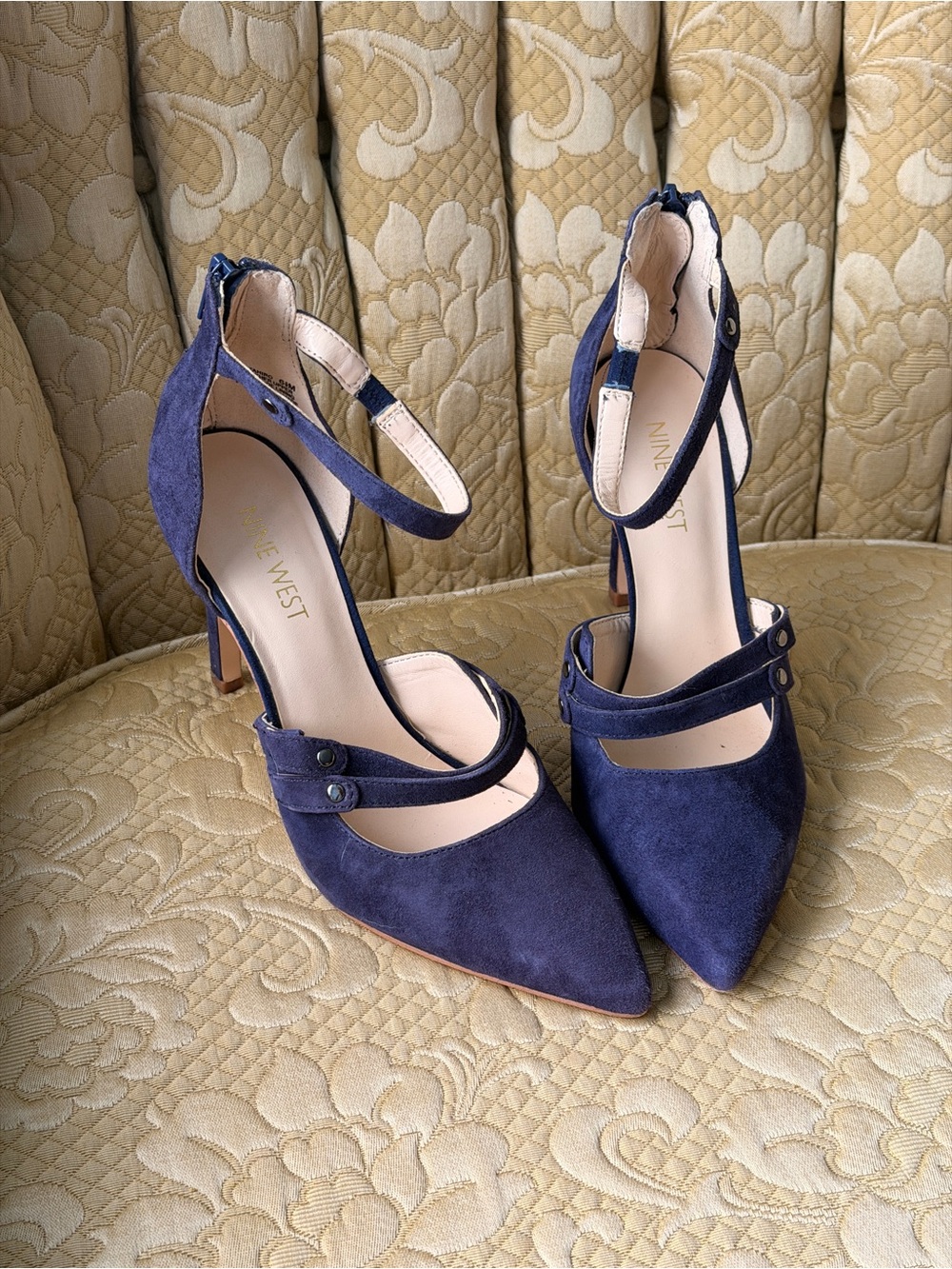 Nine West Navy Suede Pointed-Toe Double-Ankle Strap Heels